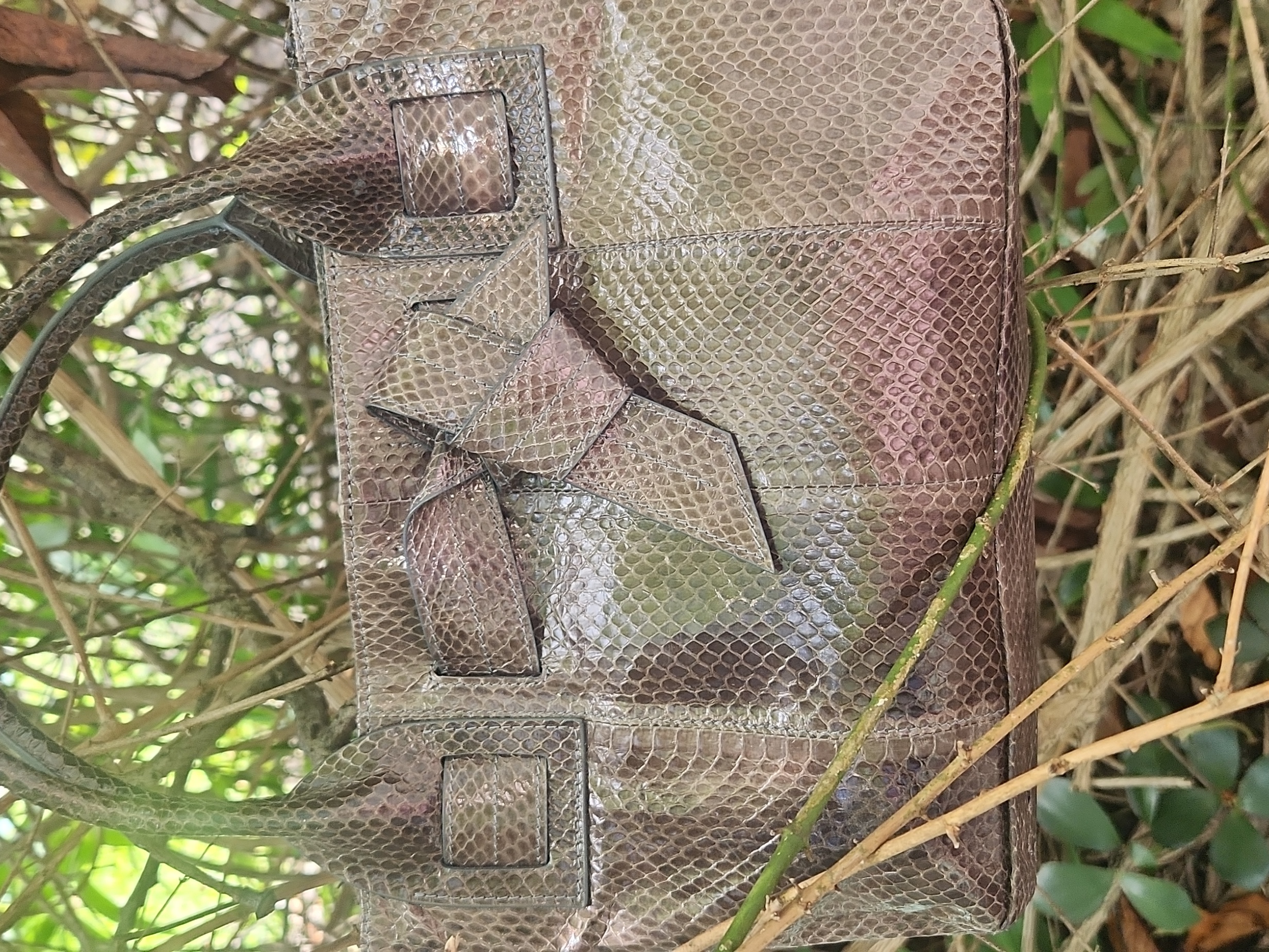 Brown Olive Greenish Snake Leather 2 Handle Tote Bag New, Made In Italy